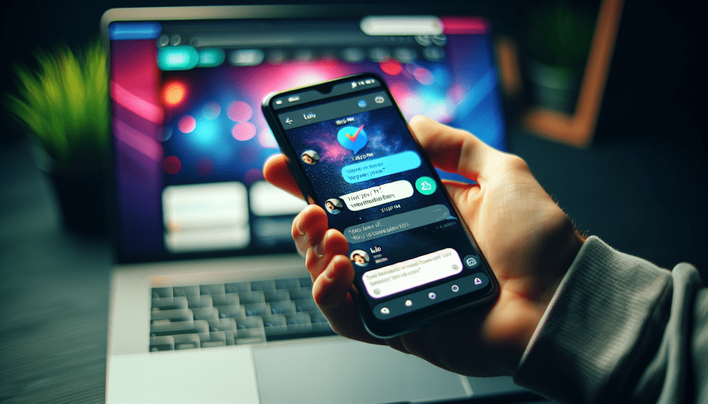 A close-up of a hand holding a smartphone showing the WhatsApp interface with a chat from iptvvuk.com, while a laptop displays a vibrant IPTV website in the background.
