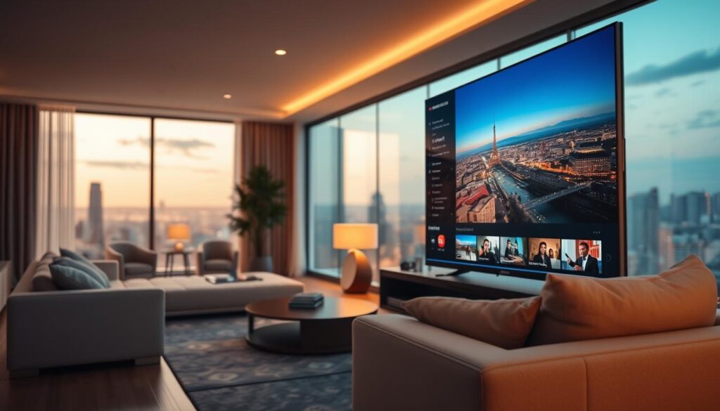 4K FHD quality buffering: A serene yet captivating scene showcasing the latest advancements in streaming technology. In the foreground, a sleek, modern entertainment system with a large, high-resolution display effortlessly streaming content in vivid 4K and FHD quality. The screen is free from any visible buffering or lag, capturing the smooth, seamless playback experience. The middle ground features a cozy, well-lit living room, with plush furniture and subtle ambient lighting, creating a comfortable and immersive viewing environment. In the background, a panoramic window reveals a picturesque cityscape, hinting at the global connectivity and accessibility of this cutting-edge streaming solution. The overall composition conveys a sense of technological sophistication, visual clarity, and uninterrupted entertainment.