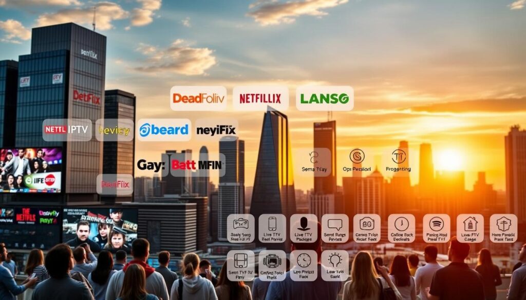 A bustling cityscape with modern high-rise buildings and sleek digital displays showcasing the logos and branding of leading IPTV providers in the UK. The foreground features a group of people using various devices like smart TVs, tablets, and smartphones to access live TV, movies, and streaming content. The middle ground depicts a diverse range of IPTV service packages, packages, and subscription options highlighted with clear, informative iconography. The background is illuminated by a warm, vibrant sunset glow, creating a sense of optimism and innovation in the world of UK IPTV services.