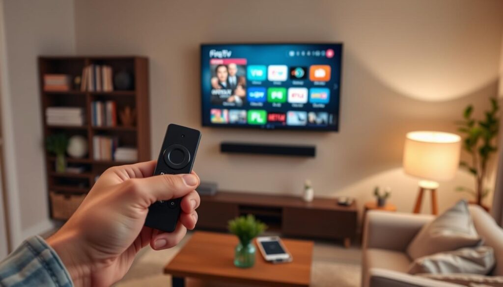 A cozy living room scene with a modern flat-screen TV mounted on the wall, displaying the Firestick interface. In the foreground, a hand holds a Firestick remote, its buttons illuminated, ready to navigate the IPTV player. The middle ground features a plush sofa and a coffee table, creating a comfortable viewing setup. The background showcases a bookshelf and a few potted plants, establishing a warm, inviting atmosphere. Soft, diffused lighting from a nearby lamp creates a relaxed, ambient mood, perfect for an evening of IPTV entertainment.