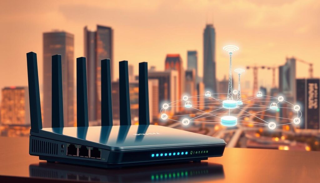A detailed and modern illustration of the essential requirements for a reliable ISP service in 2025. In the foreground, a sleek, futuristic router with multiple high-speed ethernet ports and cutting-edge Wi-Fi antennas. In the middle ground, a network diagram showcasing seamless connectivity, low latency, and high bandwidth for bandwidth-intensive applications like 4K streaming and online gaming. In the background, a cityscape with towering skyscrapers and 5G cell towers, symbolizing the infrastructure needed to deliver the ISP's promise of future-proof, ultra-fast internet. The scene is illuminated by warm, diffused lighting, creating a sense of technological sophistication and reliability.