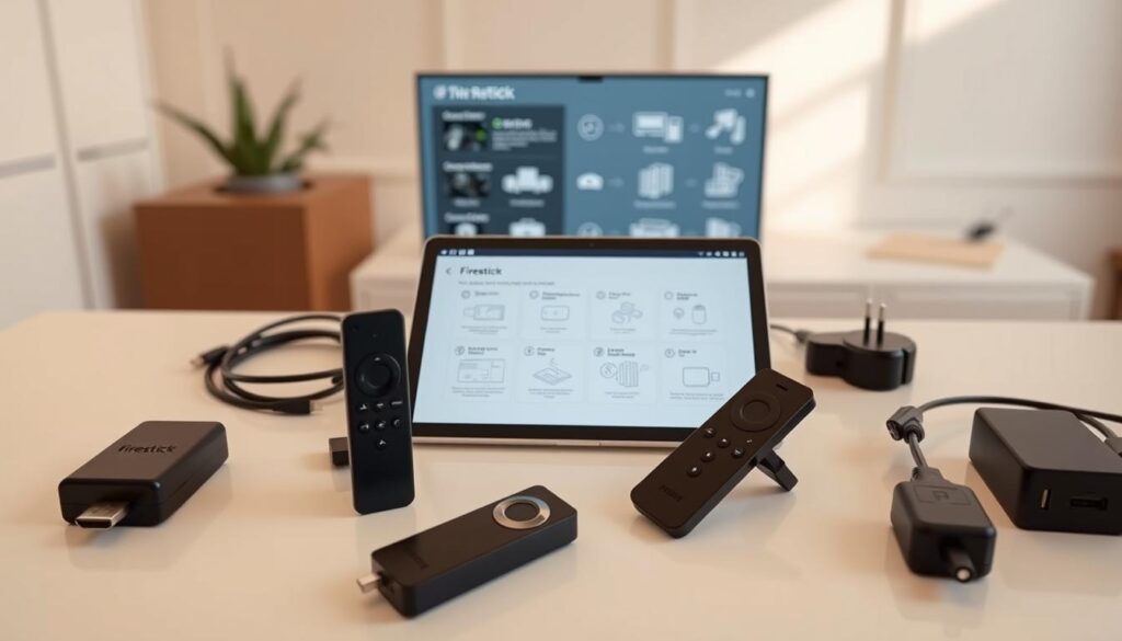 A detailed setup guide for a Firestick, displayed on a clean, modern desk. In the foreground, the Firestick device is prominently featured, surrounded by neatly arranged accessories like HDMI cables, remote controls, and power adapters. The middle ground showcases step-by-step instructions and diagrams displayed on a sleek, minimalist laptop or tablet, providing a clear visual guide. The background features a subtle, warm-toned room interior with clean lines and natural lighting, creating a serene and welcoming atmosphere. The overall composition conveys a sense of simplicity, efficiency, and user-friendliness, perfectly capturing the essence of setting up a Firestick for the best free IPTV experience.
