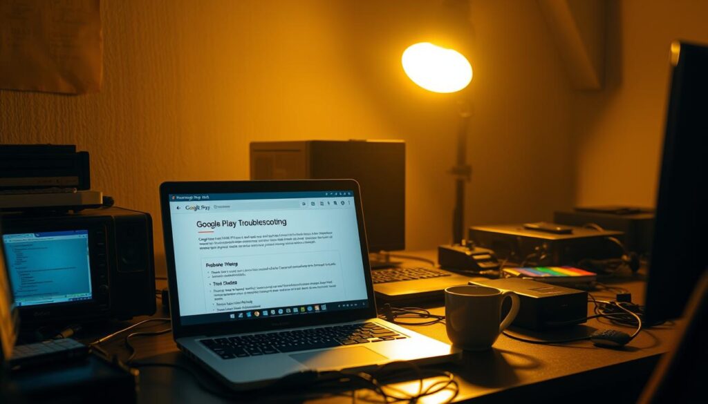 A dimly lit office interior, with a laptop screen prominently displaying the "Google Play Billing Troubleshooting" interface. The desk is cluttered with various electronic devices, cables, and a cup of coffee, creating a sense of a focused, problem-solving workspace. The lighting is a warm, golden hue, casting subtle shadows and highlighting the details of the setup. The angle is slightly elevated, giving the viewer a sense of observing the scene from above, as if they are the IT professional troubleshooting the issue. The overall mood is one of concentration and determination, reflecting the challenge of resolving a complex technical problem.