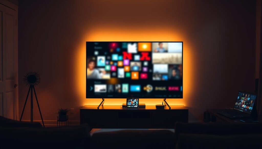 A dimly lit room, the soft glow of various electronic devices illuminating the space. In the center, a sleek, modern television set, its screen reflecting the images of a diverse array of connected devices - a smartphone, a tablet, a laptop, and a streaming box, all seamlessly integrated. The room's atmosphere is one of technological harmony, where the boundaries between devices fade, allowing the viewer to immerse themselves in a world of limitless entertainment options. Warm, diffused lighting creates a cozy ambiance, while the clean, minimalist design of the furnishings and décor emphasize the seamless integration of technology into the everyday living space. The scene conveys a sense of effortless accessibility, where the latest in entertainment and connectivity is at one's fingertips, ready to be enjoyed on any screen, anytime.