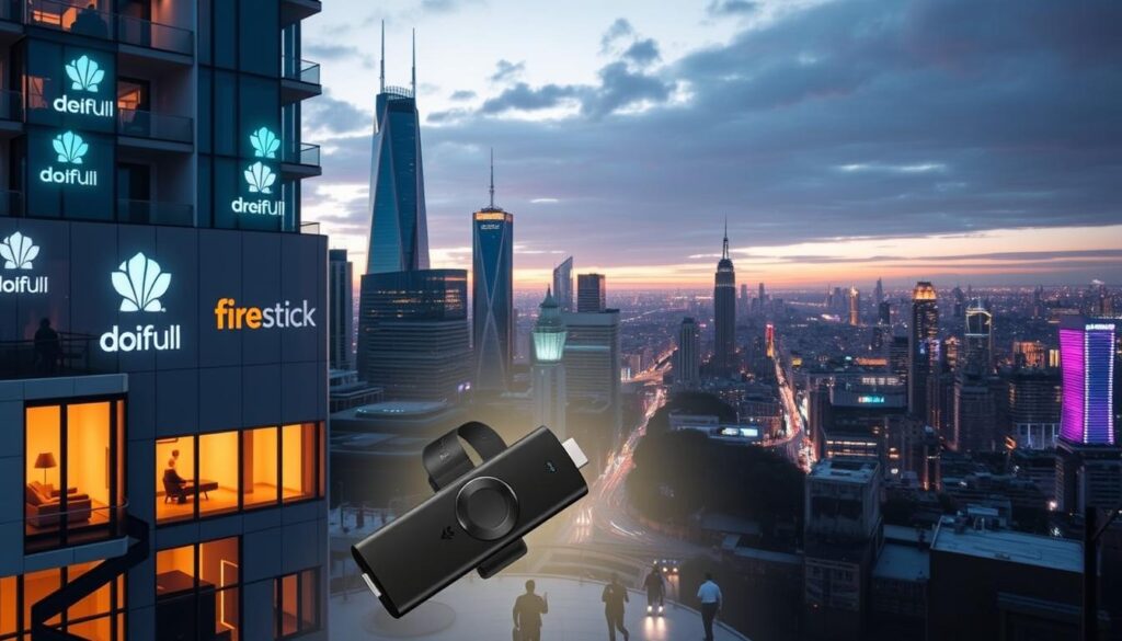 A futuristic cityscape at dusk, with towering skyscrapers and holographic displays showcasing the logos and branding of the top IPTV providers in the UK. The foreground features a sleek, modern apartment building with a Fire Stick prominently displayed in the window, surrounded by a warm, inviting glow. The middle ground depicts busy city streets with people hurrying about, using their mobile devices to access IPTV services. In the background, a vast, neon-lit metropolis stretches out, hinting at the interconnected, high-tech world of modern entertainment streaming. The overall atmosphere conveys a sense of innovation, convenience, and the seamless integration of IPTV technology into everyday urban life.