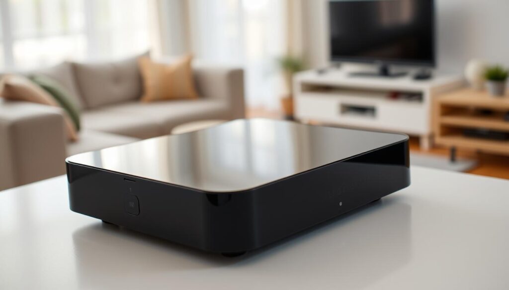 A high-angle shot of a modern, sleek IPTV set-top box sitting on a minimalist white desk. The box has a glossy black finish, with a simple and clean design. In the background, a blurred image of a living room or home entertainment setup, suggesting the device's practical application. Soft, natural lighting illuminates the scene, creating a warm and inviting atmosphere. The overall composition conveys a sense of affordability, accessibility, and technological sophistication suitable for the "cheap IPTV" concept.