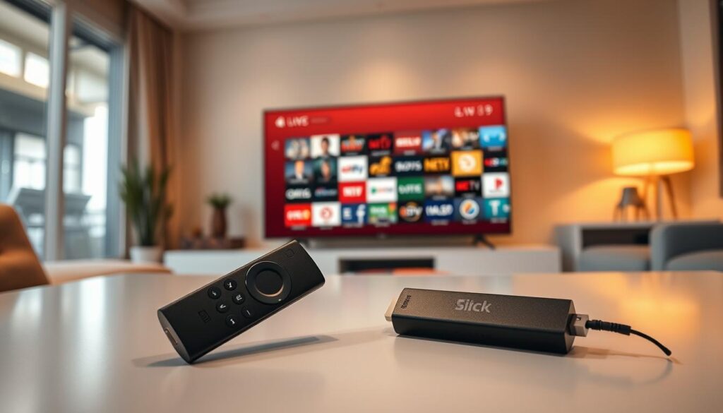 A high-definition, photorealistic image of a Firestick device prominently displayed in the foreground, showcasing a diverse selection of free IPTV live channels on its screen. The Firestick is captured from a slightly elevated angle, casting a subtle shadow on a sleek, minimalist table surface. The background is a warm, inviting living room setting, with subtle hints of modern decor and soft, diffused lighting, creating a cozy and visually appealing atmosphere. The overall composition and color palette convey a sense of quality, reliability, and accessibility, reflecting the "best free IPTV for Firestick" theme.