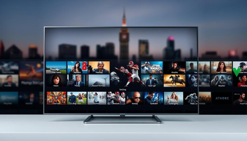 A high-definition, wide-angle view of a modern IPTV service interface, showcasing a comprehensive channel lineup. In the foreground, a sleek, minimalist grid layout displays a diverse selection of channel thumbnails, representing a wide range of categories such as news, sports, movies, and entertainment. The middle ground features a clean, intuitive electronic program guide (EPG) with detailed information about current and upcoming programming. In the background, a subtle, blurred cityscape or skyline sets the scene, hinting at the global reach and accessibility of the IPTV platform. The overall mood is one of sophistication, convenience, and the cutting-edge of digital media consumption. A high-definition, wide-angle view of a modern IPTV service interface, showcasing a comprehensive channel lineup. In the foreground, a sleek, minimalist grid layout displays a diverse selection of channel thumbnails, representing a wide range of categories such as news, sports, movies, and entertainment. The middle ground features a clean, intuitive electronic program guide (EPG) with detailed information about current and upcoming programming. In the background, a subtle, blurred cityscape or skyline sets the scene, hinting at the global reach and accessibility of the IPTV platform. The overall mood is one of sophistication, convenience, and the cutting-edge of digital media consumption.