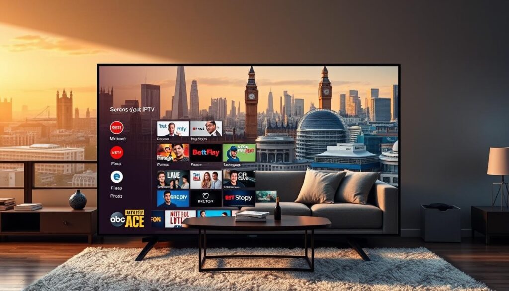 A high-quality, cinematic image showcasing the best IPTV services for UK users in 2025. The foreground features a sleek, modern Smart TV interface with a grid of popular IPTV channels and streaming apps. The middle ground depicts a cozy living room setup, with a comfortable couch, coffee table, and plush rug. The background showcases a scenic urban skyline with iconic British landmarks, bathed in a warm, golden hour lighting. The overall atmosphere conveys a sense of technological sophistication, entertainment, and the comforts of home.