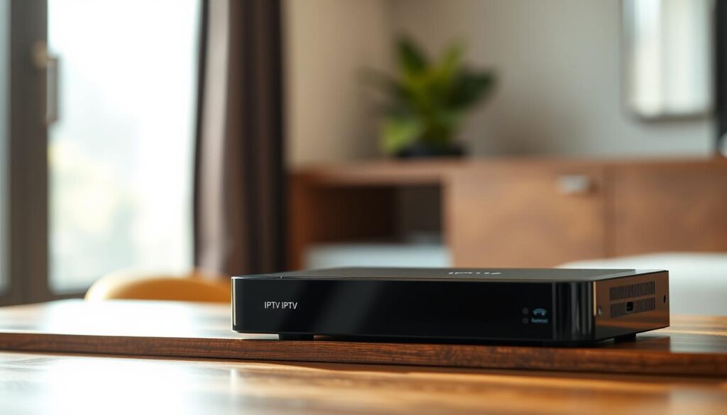 A high-resolution image of a IPTV set-top box on a wooden desk, illuminated by soft, natural lighting from a window. The device is sleek and modern, with clean lines and a glossy black finish. The background is blurred, emphasizing the box's central focus. A subtle reflection of the device is visible on the desk's surface, adding depth and dimension. The composition conveys a sense of quality, speed, and connectivity - key factors for an IPTV purchase decision. A high-resolution image of a IPTV set-top box on a wooden desk, illuminated by soft, natural lighting from a window. The device is sleek and modern, with clean lines and a glossy black finish. The background is blurred, emphasizing the box's central focus. A subtle reflection of the device is visible on the desk's surface, adding depth and dimension. The composition conveys a sense of quality, speed, and connectivity - key factors for an IPTV purchase decision.