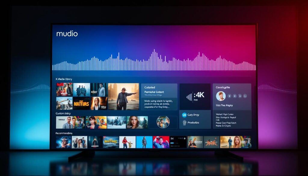 A high-tech control panel showcasing a smart IPTV player's sleek interface. In the foreground, a 4K media library displays a curated selection of premium content, with thumbnails arranged in a clean, responsive grid. In the middle ground, customizable playlists and recommendations are presented in a minimalist, user-friendly layout, allowing seamless navigation. The background features a dynamic visualization of audio waveforms, subtle gradients, and a sophisticated color palette that evokes a sense of advanced technology. Dramatic studio lighting from multiple angles highlights the player's premium features and high-quality visuals, creating an atmosphere of sophistication and innovation.