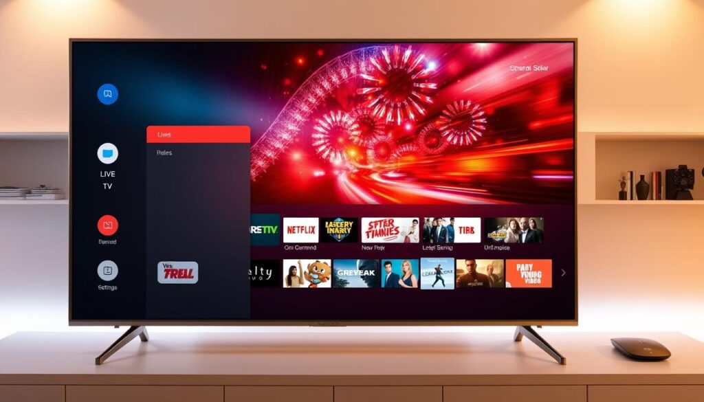 A high-tech smart TV interface displaying the GSE Smart IPTV platform. In the foreground, a sleek, minimalist on-screen menu with intuitive icons for live TV channels, on-demand content, and customizable settings. The middle ground features an array of popular streaming apps and services integrated seamlessly. In the background, a dynamic visual display showcases the platform's cutting-edge streaming capabilities, with smooth playback of high-definition video and smooth transitions between features. The overall mood is one of sophisticated, user-friendly technology that elevates the home entertainment experience. Warm lighting and a clean, modern aesthetic create a visually appealing and immersive interface.