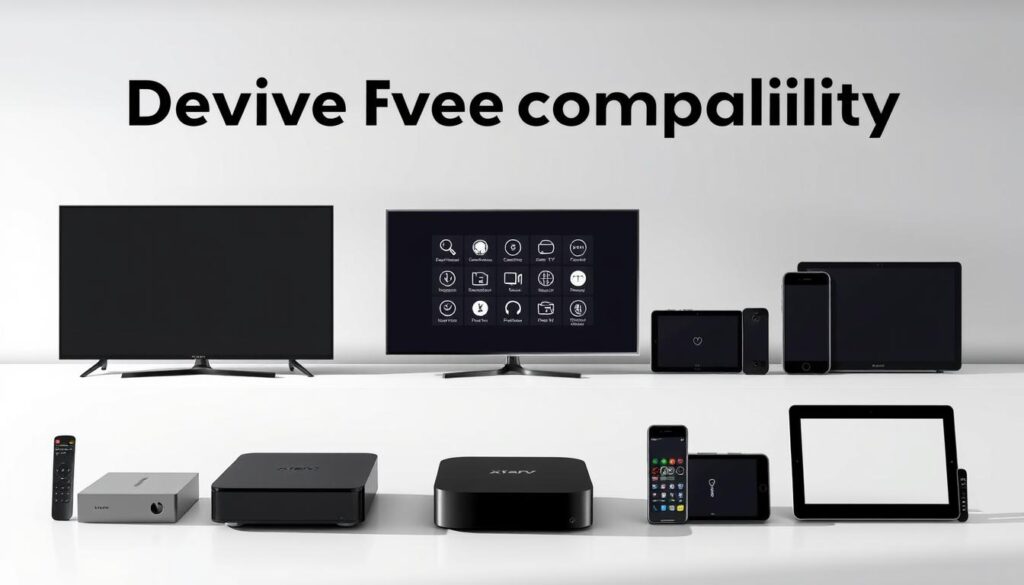 A modern and sleek device compatibility display showcasing various Xtream IPTV compatible devices against a minimalist background. In the foreground, a row of prominent devices such as smart TVs, set-top boxes, smartphones, and tablets, all rendered in high detail with clean, contemporary designs. The middle ground features a subtle grid or arrangement highlighting the compatibility icons for each device. The background is a soft, muted gradient, allowing the devices to stand out prominently. Bright, directional lighting casts dramatic shadows, adding depth and dimensionality to the scene. The overall mood is one of technological sophistication, clarity, and user-friendliness, perfectly suited to illustrate the Xtream IPTV device compatibility in the UK.