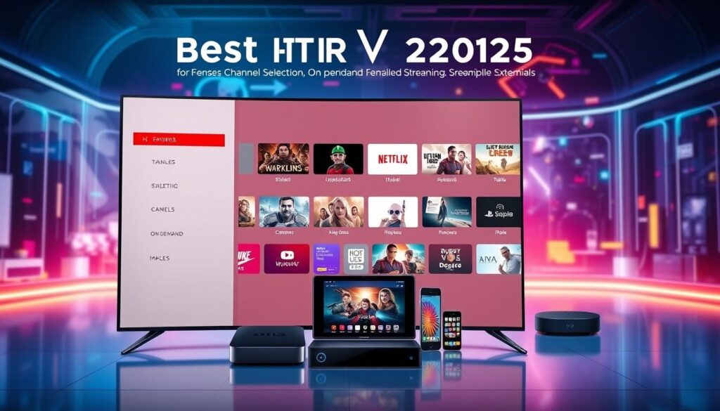 A modern and sleek user interface showcasing the key features of the best IPTV provider in 2025. The foreground depicts a large, high-definition display with a clean, minimalist design, highlighting the extensive channel selection, on-demand content, and seamless streaming capabilities. The middle ground features various smart devices, such as smartphones, tablets, and streaming boxes, all seamlessly integrated with the IPTV service. The background depicts a futuristic, tech-savvy setting, with vibrant colors and a sense of innovation, reflecting the cutting-edge technology powering the IPTV solution. The overall mood is one of sophistication, reliability, and a forward-thinking approach to home entertainment.