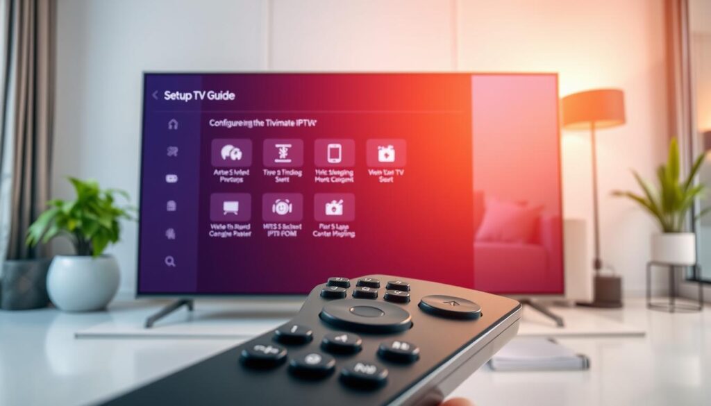 A modern android TV setup guide showcasing a sleek and intuitive user interface. In the foreground, a high-resolution display shows step-by-step instructions for configuring the Tivimate IPTV player, with clear icons and minimal text. The middle ground features a sophisticated android TV remote control, its buttons and scroll wheel highlighted in a soft, natural lighting. In the background, a stylized living room environment sets the scene, with a cozy sofa, potted plants, and warm, ambient lighting that creates a welcoming atmosphere for the viewer. The overall composition conveys a sense of simplicity, functionality, and an elevated user experience for setting up the Tivimate IPTV player on an android TV in 2025.