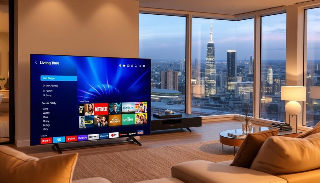 A modern living room with a sleek, high-tech entertainment system. In the foreground, a 4K HDTV displays a visually stunning electronic program guide (EPG) with clear, vibrant colors and sharp details. The EPG showcases a range of live and on-demand TV channels, ready for easy catch-up viewing. Soft, even lighting from hidden sources creates a warm, inviting atmosphere. The middle ground features a sophisticated media console with advanced streaming capabilities, surrounded by minimalist decor. In the background, large windows offer a panoramic view of a bustling city skyline, hinting at the endless entertainment possibilities available to the discerning UK viewer.