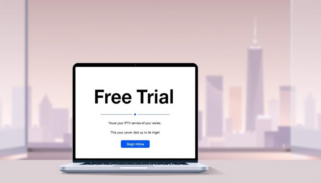A modern, minimalist-style illustration showcasing a laptop or mobile device screen displaying a "Free Trial" offer for an IPTV service. The screen is positioned prominently in the foreground, with a clean, uncluttered design. The background features a soft, blurred cityscape or landscape, conveying a sense of digital accessibility and convenience. The lighting is soft and diffused, creating a warm, inviting atmosphere. The overall composition should highlight the "Free Trial" offer as the focal point, emphasizing the risk-free testing opportunity for the IPTV service.