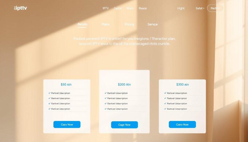 A modern, minimalist website layout showcasing an IPTV subscription plan pricing table. The foreground features a clean, elegant grid of plan options with distinct pricing tiers, plan details, and call-to-action buttons. The middle ground has a subtle background pattern or texture, adding visual interest without distracting from the main content. The overall scene is bathed in warm, natural lighting, creating a sense of approachability and trustworthiness. The angles are slightly tilted to draw the viewer's eye towards the center of the frame, emphasizing the pricing information. The color palette uses a mix of soft blues, grays, and whites, conveying a professional and high-quality aesthetic suitable for the 2025 IPTV subscription market.