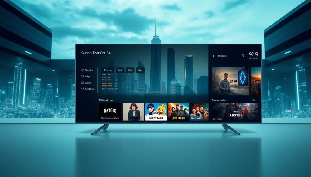 A modern, sleek interface showcasing a variety of streaming services and features against a backdrop of a cinematic cityscape. In the foreground, a minimalist player interface with customizable controls, seamless navigation, and intuitive settings. The middle ground features vibrant app icons, dynamic media thumbnails, and personalized recommendations. In the background, a futuristic skyline with glowing skyscrapers and a hints of a neon-infused night sky, conveying a sense of technological advancement and immersive entertainment. Crisp, high-definition rendering with a balanced, cool-toned color palette and dramatic lighting to capture the essence of a premium streaming experience.