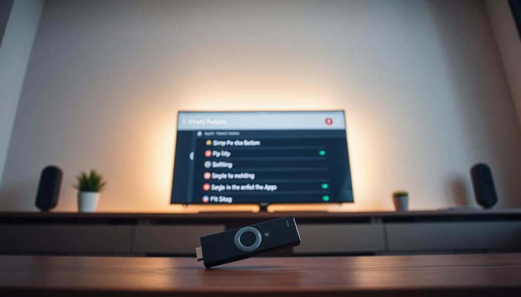 A modern, well-lit home entertainment setup with a central Firestick device prominently displayed. The Firestick's interface shows an IPTV player app open, its simple and intuitive menu system guiding the user through the configuration process. Sleek, minimalist design elements create a visually appealing, tech-savvy atmosphere. Soft, diffused lighting emanates from behind the Firestick, casting a warm glow over the scene. The camera angle emphasizes the Firestick, drawing the viewer's attention to the critical setup stage. An overall sense of ease and approachability conveys the accessibility of configuring IPTV for first-time users. A modern, well-lit home entertainment setup with a central Firestick device prominently displayed. The Firestick's interface shows an IPTV player app open, its simple and intuitive menu system guiding the user through the configuration process. Sleek, minimalist design elements create a visually appealing, tech-savvy atmosphere. Soft, diffused lighting emanates from behind the Firestick, casting a warm glow over the scene. The camera angle emphasizes the Firestick, drawing the viewer's attention to the critical setup stage. An overall sense of ease and approachability conveys the accessibility of configuring IPTV for first-time users.