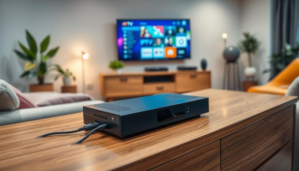 A modern, well-lit home entertainment setup. In the foreground, a sleek and minimalist IPTV streaming device rests on a polished wooden TV stand, cables neatly organized and tucked away. The middle ground features a high-definition smart TV mounted on the wall, its screen displaying a vibrant, vivid interface. The background showcases a cozy living room environment, with plush seating, lush houseplants, and subtle ambient lighting, creating a welcoming and inviting atmosphere for effortless IPTV streaming.
