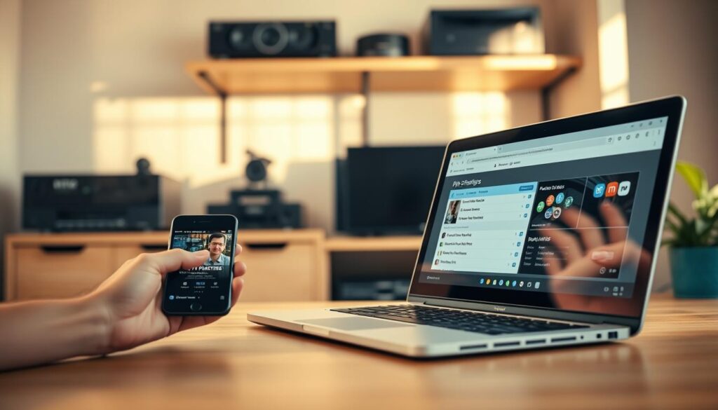 A modern, well-lit home office setup. In the foreground, a laptop and smartphone are prominently displayed, their screens showing the IPTV Smarters interface and an M3U playlist loaded. In the middle ground, the user's hands are shown confidently navigating the controls. The background features shelves with media equipment, conveying a sense of a tech-savvy, organized workspace. The lighting is warm and natural, creating a cozy, productive atmosphere. The angle is slightly elevated, providing a clear view of the devices and user interaction. A modern, well-lit home office setup. In the foreground, a laptop and smartphone are prominently displayed, their screens showing the IPTV Smarters interface and an M3U playlist loaded. In the middle ground, the user's hands are shown confidently navigating the controls. The background features shelves with media equipment, conveying a sense of a tech-savvy, organized workspace. The lighting is warm and natural, creating a cozy, productive atmosphere. The angle is slightly elevated, providing a clear view of the devices and user interaction.