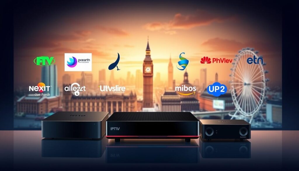 A professional, polished, and high-quality digital illustration depicting the "Best UK IPTV providers for 2025: our top picks before any free playlists". In the foreground, showcase the logos and branding of the top UK IPTV service providers, presented in an elegant and visually appealing manner. In the middle ground, include detailed technical illustrations of IPTV devices, set-top boxes, and streaming platforms. In the background, depict a bustling cityscape of London, with iconic landmarks like the Big Ben and the London Eye, all rendered in a sleek, futuristic style with a warm, vibrant color palette. Utilize cinematic lighting, depth of field, and a dynamic camera angle to create an impactful, professional-grade visual that effectively communicates the subject and section title.