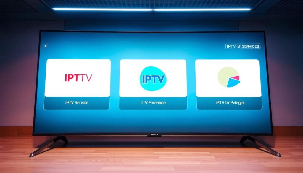 A sleek and modern IPTV service provider dashboard, featuring three prominent icons representing the top IPTV services for Firestick in 2025/2026. The dashboard is set against a minimalist, high-tech backdrop with a cool, blue-tinted color scheme. The icons are clean, crisp, and visually appealing, showcasing the best IPTV options for users. The lighting is soft and diffused, creating a professional and authoritative atmosphere. The camera angle is slightly elevated, giving the viewer a sense of the dashboard's comprehensive nature. The overall composition is balanced and visually striking, perfectly suited to illustrate the "Quick verdict: The top 3 IPTV providers for Firestick in 2025/2026" section of the article.