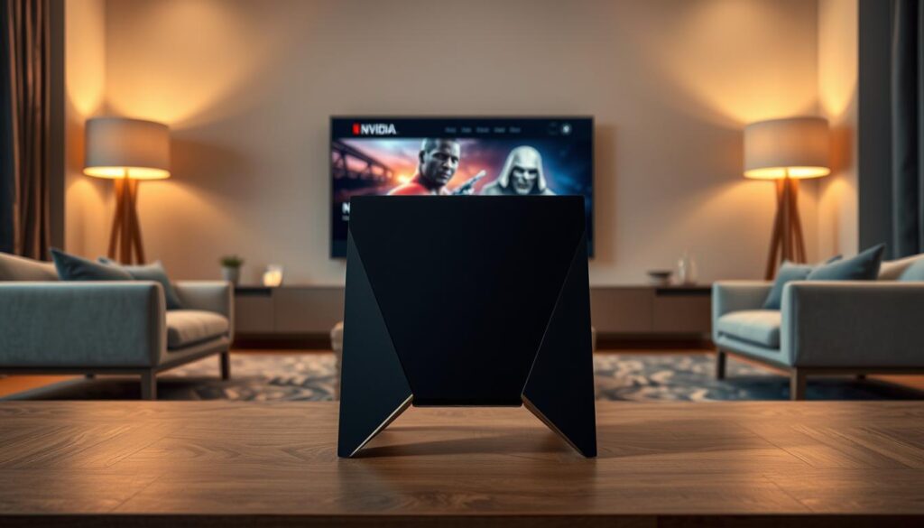 A sleek and modern NVIDIA Shield Pro set against a backdrop of a stylish living room. The device is centered, showcased in crisp detail with its distinctive angular design and metallic accents. The room features minimalist furniture, warm lighting, and a large OLED TV in the background, creating a high-end, tech-savvy atmosphere. The image conveys the Shield Pro's premium quality and its suitability as a top-of-the-line IPTV box for the discerning UK viewer in 2025.