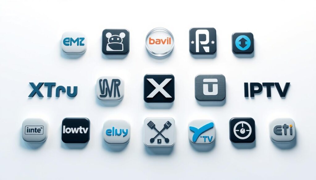 A sleek and modern visual showcasing the top Xtream IPTV providers for the UK in 2025. Set against a clean, minimalist background, the image features stylized icons or logos of the leading IPTV services, arranged in a visually striking, grid-like composition. The icons are rendered with a high-quality, slightly glossy finish, casting subtle shadows that add depth and dimensionality. The overall color palette is cool-toned, with muted shades of blue, gray, and white, creating a professional, tech-savvy atmosphere. Carefully balanced lighting accentuates the shapes and details of the icons, while a slightly low camera angle gives the scene an authoritative, imposing presence. The composition is visually balanced and harmonious, guiding the viewer's eye seamlessly across the key IPTV providers highlighted in this section of the article.