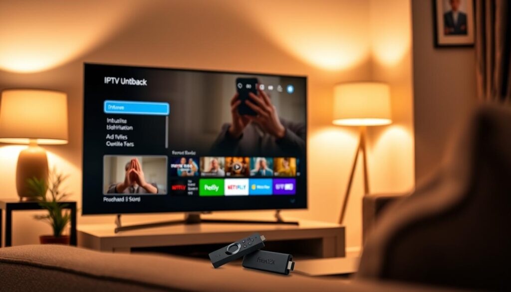 A sleek, modern IPTV player interface displayed on a Firestick device, positioned in a comfortable living room setting. The app is prominently featured, its intuitive menus and high-definition video playback visible against a softly lit background. Warm lighting from a nearby table lamp creates a cozy, inviting atmosphere, while a potted plant and minimal decor elements suggest a well-appointed, minimalist space. The overall scene conveys the idea of an optimized, seamless IPTV viewing experience on the Firestick platform. A sleek, modern IPTV player interface displayed on a Firestick device, positioned in a comfortable living room setting. The app is prominently featured, its intuitive menus and high-definition video playback visible against a softly lit background. Warm lighting from a nearby table lamp creates a cozy, inviting atmosphere, while a potted plant and minimal decor elements suggest a well-appointed, minimalist space. The overall scene conveys the idea of an optimized, seamless IPTV viewing experience on the Firestick platform.