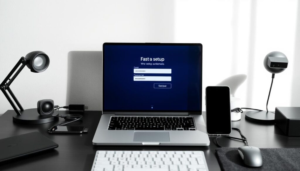 A sleek, modern desktop setup with a laptop, smartphone, and other tech essentials prominently displayed. The lighting is bright and natural, creating a crisp, professional atmosphere. The focus is on the laptop screen, which displays a login interface with fields for entering "fast setup credentials" - username, password, and other necessary information. The surrounding items, such as a wireless mouse, keyboard, and charging cables, suggest a streamlined, efficient workspace. The overall composition conveys a sense of speed, ease, and instant activation, reflecting the section title "Fast setup and instant activation: from credentials to streaming".