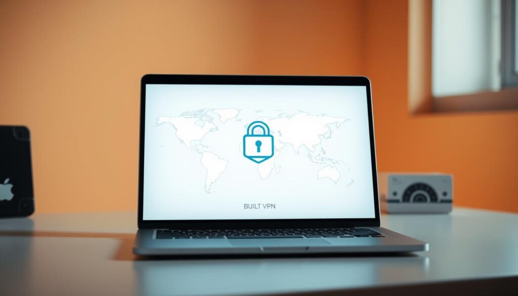 A sleek, modern laptop with a discreet icon in the corner, signifying a built-in VPN connection. The device is backlit, casting a soft glow on a minimalist desk setup. The laptop's screen displays a secure network connection, with a stylized lock icon and a simplified world map in the background, conveying a sense of global protection. The lighting is warm and subtle, creating an atmosphere of privacy and digital security. The composition emphasizes the laptop as the focal point, with the background blurred to draw attention to the built-in VPN feature.