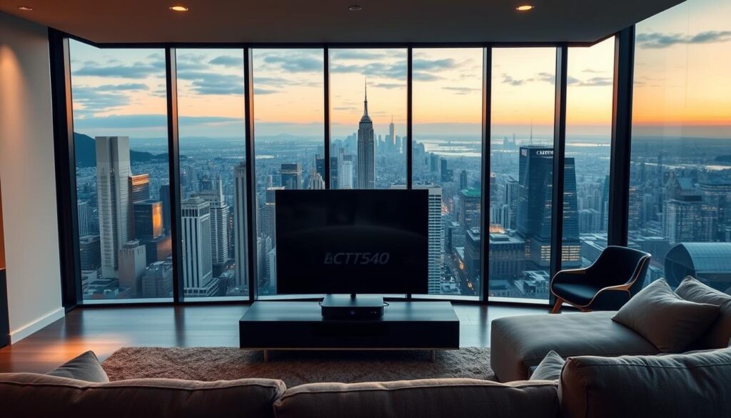 A sleek, modern living room with floor-to-ceiling windows overlooking a picturesque cityscape. In the foreground, a minimalist TV stand displays a high-end streaming device, the centerpiece of a premium IPTV setup. Soft, indirect lighting bathes the scene in a warm, inviting glow, while a plush, comfortable couch and armchair beckon the viewer to settle in and explore the best IPTV services available. The overall atmosphere conveys a sense of sophistication, convenience, and the pinnacle of home entertainment.