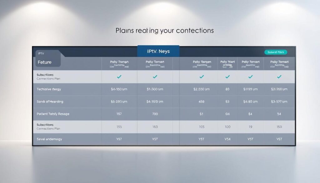 A sleek, modern-looking table showcasing different IPTV service plans, with various subscription options and pricing tiers displayed in a clean, organized manner. The table is set against a minimalist background, with soft lighting illuminating the details. The plans are presented in a grid layout, with clear icons and concise descriptions highlighting the key features and number of connections supported. The overall aesthetic conveys a sense of professionalism and value, complementing the subject matter of the "Pricing and value: plans suited to your months and connections" section.