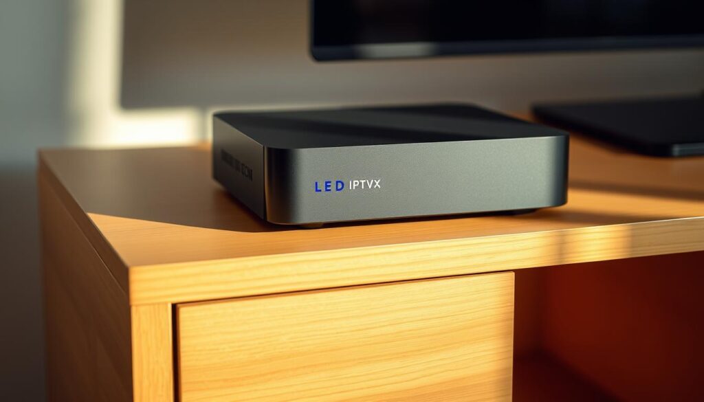 A sleek, modern set-top box resting on a minimalist wooden entertainment unit. The device features a smooth, glossy black exterior with a subtle blue LED indicator light. The box is positioned at an angle, casting soft shadows on the surface below. The lighting is warm and natural, creating a cozy, inviting atmosphere. The background is blurred, drawing the viewer's focus to the set-top box as the central element. The overall composition conveys the simplicity and convenience of setting up IPTV on a contemporary home entertainment system.