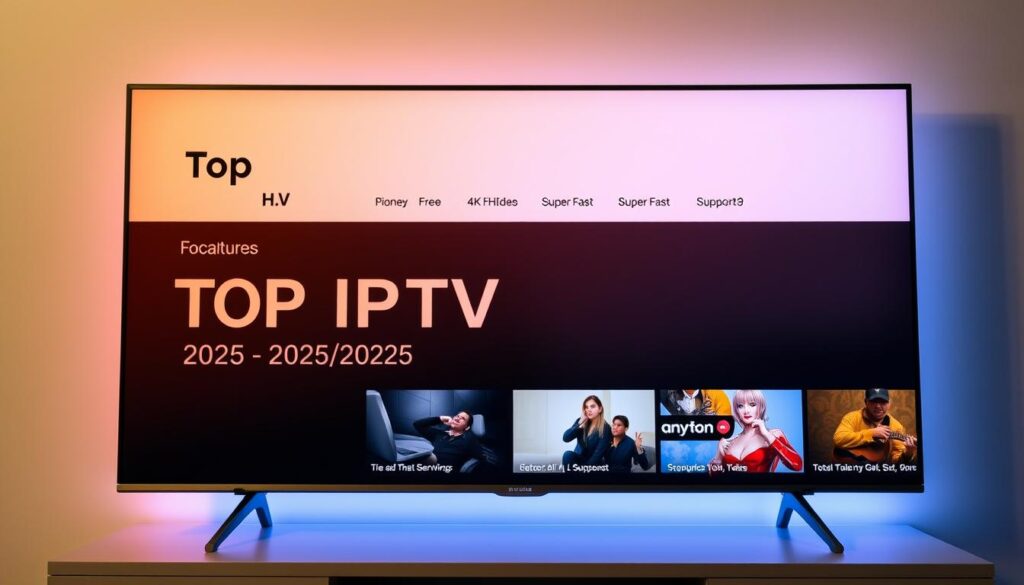 A sleek, modern smart TV interface showcasing the top IPTV providers for 2025-2026. The screen displays a clean, minimalist design with bold typography and vibrant 4K/FHD video thumbnails. The interface is intuitive and user-friendly, highlighting features like free trials and super-fast support. Soft, diffused lighting creates a warm, inviting atmosphere, while a subtle camera angle emphasizes the screen's size and clarity. The overall scene conveys a sense of cutting-edge technology and premium entertainment experiences for the discerning viewer.