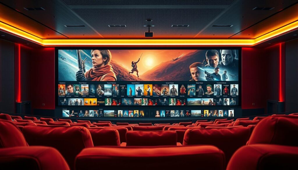 A vibrant and immersive movie theater setting, with a large screen showcasing a diverse range of captivating film and television titles. The foreground features plush, comfortable seating in rich, warm tones, inviting the viewer to settle in for an engaging viewing experience. The middle ground showcases an expansive, ever-changing library of digital content, with sleek, modern user interface elements and high-resolution thumbnails of the latest movies and series. The background depicts a sleek, contemporary architectural design, with subtle lighting and clean lines that create a sense of sophistication and technological advancement. The overall mood is one of anticipation, excitement, and the promise of endless entertainment possibilities.