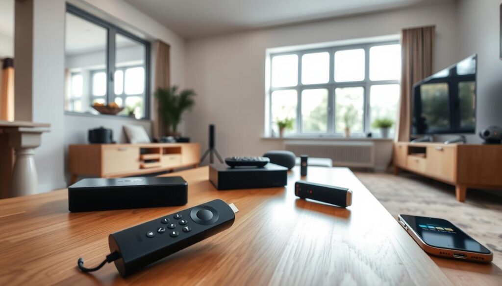 A well-lit and modern living room setting, showcasing various streaming devices and remote controls arranged neatly on a wooden coffee table. The room has a sleek, minimalist design with neutral-toned walls and large windows that allow natural light to flood the space. In the foreground, a Firestick device is prominently displayed, surrounded by other legal IPTV options such as a smart TV, a streaming box, and a smartphone. The scene exudes a sense of professionalism and legality, with a clean and organized aesthetic that reflects the high-quality IPTV services available for use on a Firestick in the UK in 2025/2026.