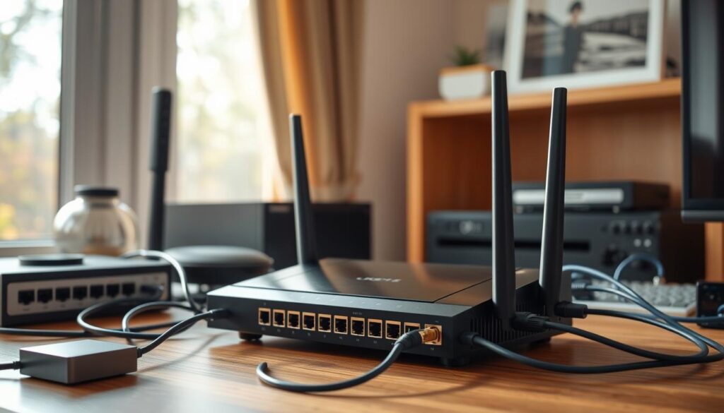 A well-lit, detailed image of a home office setup with a modern router, Ethernet cables, and networking equipment. The router is prominently displayed on a desk, surrounded by various devices connected to it. The scene has a warm, inviting atmosphere, with natural lighting filtering through a window, casting soft shadows. The composition emphasizes the router and its connections, showcasing the technical aspects of the setup in a visually appealing way. The image conveys a sense of functionality and reliability, reflecting the importance of a stable internet connection for IPTV usage.