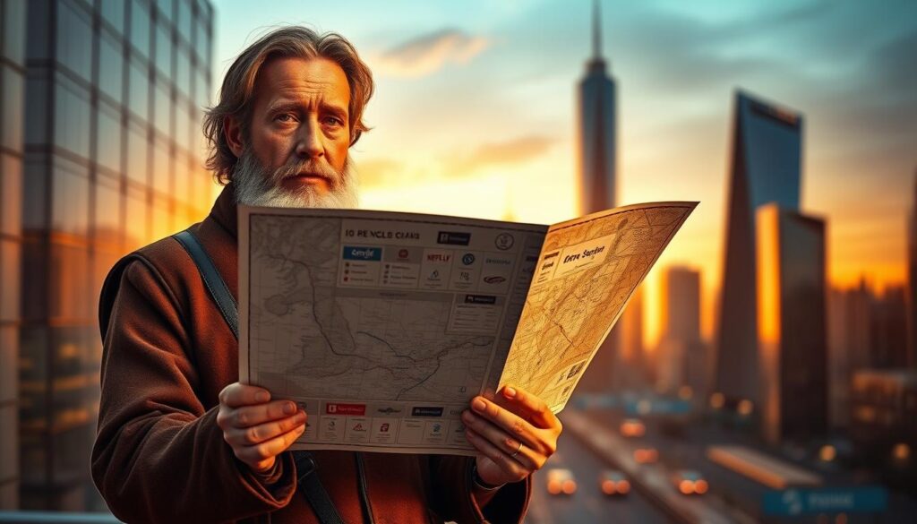A wise and experienced guide stands at the forefront, holding a detailed map in their hands. The guide's expression is one of calm determination, guiding the viewer through the complexities of the UK's streaming landscape in 2025-2026. The scene is bathed in warm, golden light, creating a sense of trust and authority. In the middle ground, various streaming service logos and icons are subtly arranged, suggesting the wide range of options available. The background features a sleek, modern cityscape, hinting at the urban, technologically-advanced nature of the UK's streaming ecosystem. The overall mood is one of clarity, expertise, and a steadfast commitment to helping the viewer navigate the evolving world of UK streaming.
