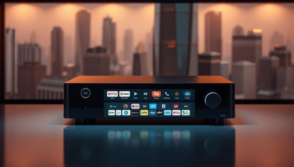 An advanced IPTV smart player in a sleek, modern design set against a futuristic backdrop. The device features a high-resolution display, touch-sensitive controls, and intuitive user interface. Warm, diffused lighting highlights the player's clean lines and premium materials, creating a sense of sophistication. The middle ground showcases the player's seamless integration with a variety of streaming services, while the background depicts a cityscape with towering skyscrapers, hinting at the player's advanced connectivity and integration with the smart home ecosystem of 2025. The overall mood is one of technological prowess and elevated user experience.