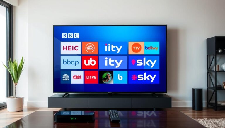 British IPTV streaming setup showing a smart TV displaying UK channels