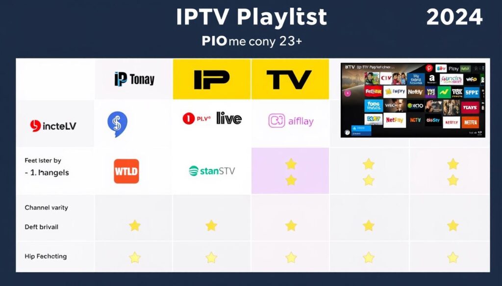Comparison of top IPTV playlist providers showing channel variety and interfaces Comparison of top IPTV playlist providers showing channel variety and interfaces