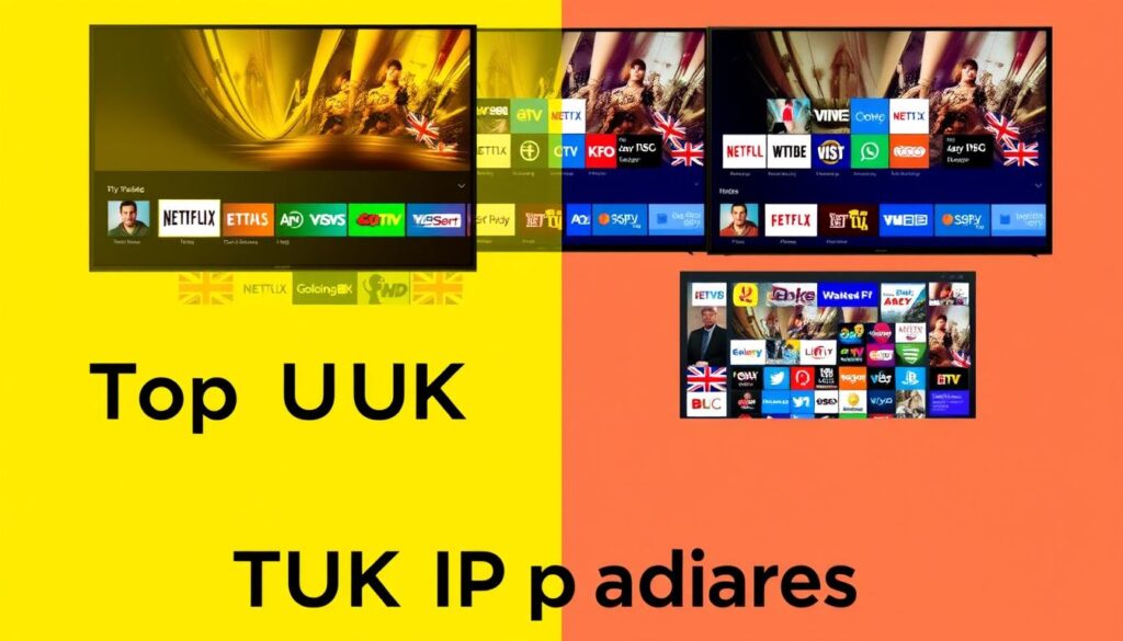 Comparison of top IPTV providers UK showing their interfaces on multiple screens