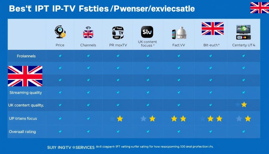Comparison of top IPTV services for UK viewers showing key features and ratings