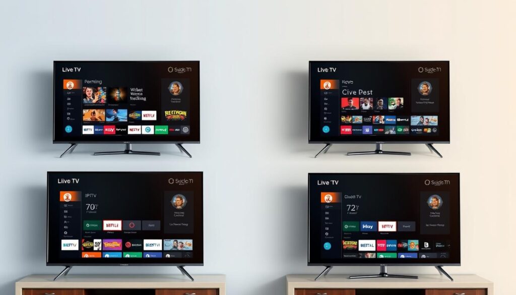Comparison of top rated IPTV services showing different user interfaces and channel selections Comparison of top rated IPTV services showing different user interfaces and channel selections