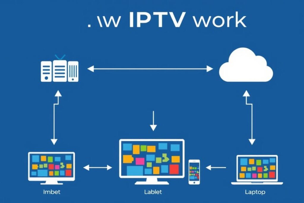 Diagram showing how IPTV subscriptions work with data flowing from servers to multiple devices