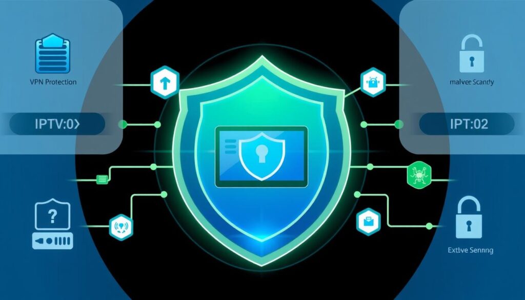 Digital security concept for IPTV streaming showing VPN protection Digital security concept for IPTV streaming showing VPN protection