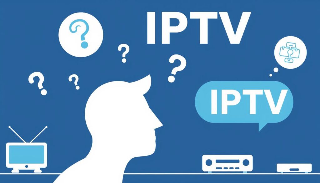 FAQ concept with question marks and IPTV-related icons